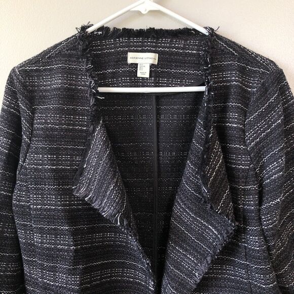 Adrienne Vittadini Open Front Knit Blazer Womens Large Tweed Fringe Trim Jacket - Picture 2 of 12